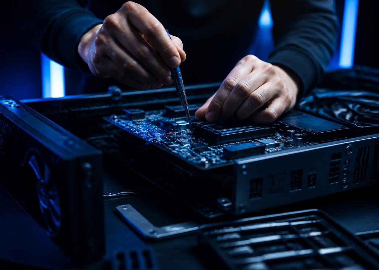 Técnico de informática realizando manutenção na placa-mãe de um computador